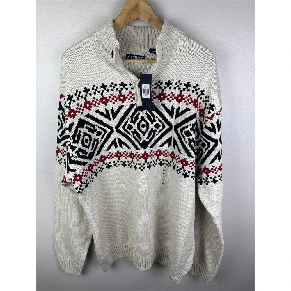 CHAPS, Sz XL, Ivory/Black, Fair Isle Pattern, Pullover Sweater. (MSRP $70) NEW.